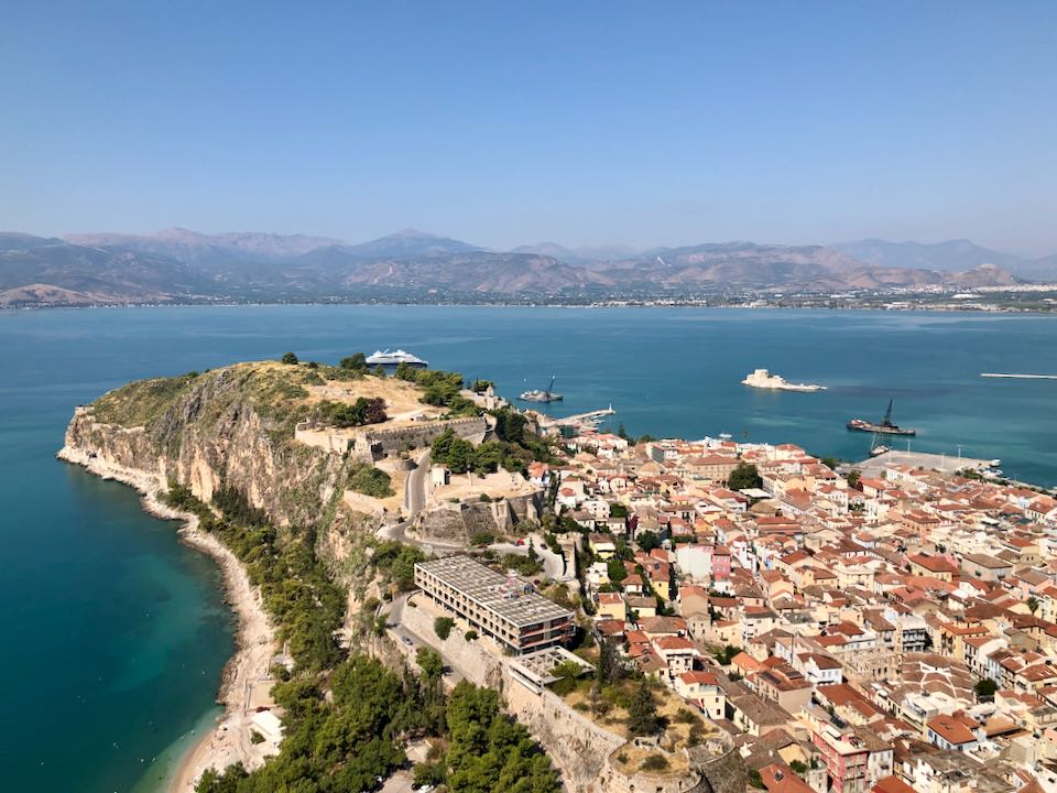 View over Old Town Nafplio and Acronafplia Castle from Palamidi Fortress.