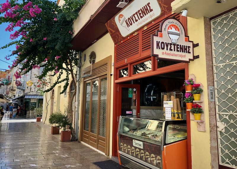 Thepedestrian streetside counter of an ice cream shop in Greece