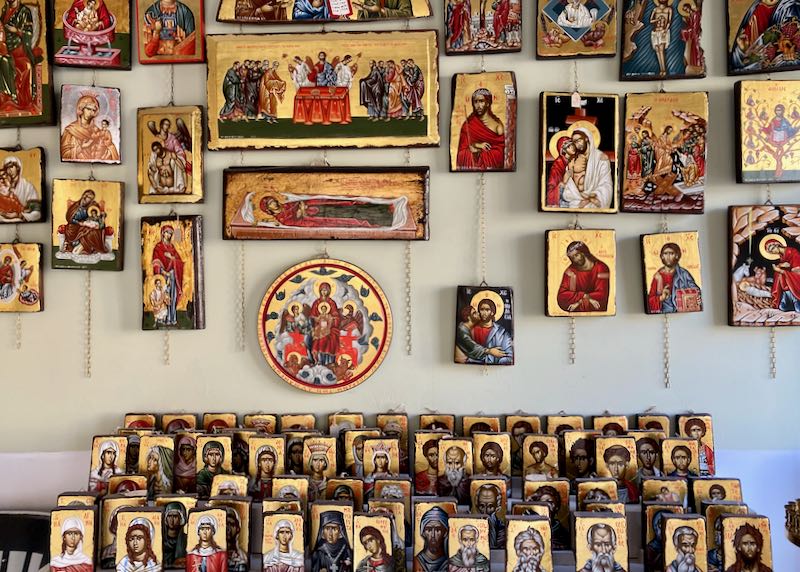 Wall display of Byztantine-style icon paintings