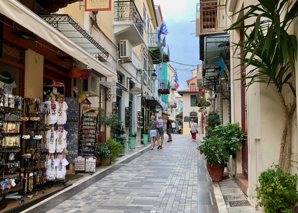 Souvenir shops line the charming, marble-paved, Staikopoulou Street in Old Town Nafplio
