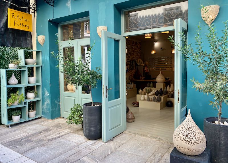 Open doorway of a ceramics shop in Nafplio, Greece 
