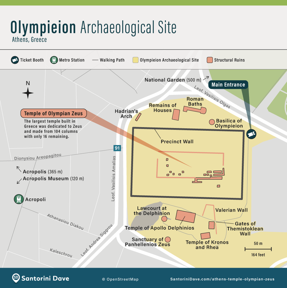Map of the main structures of the Olympieion archaeological site in Athens, Greece