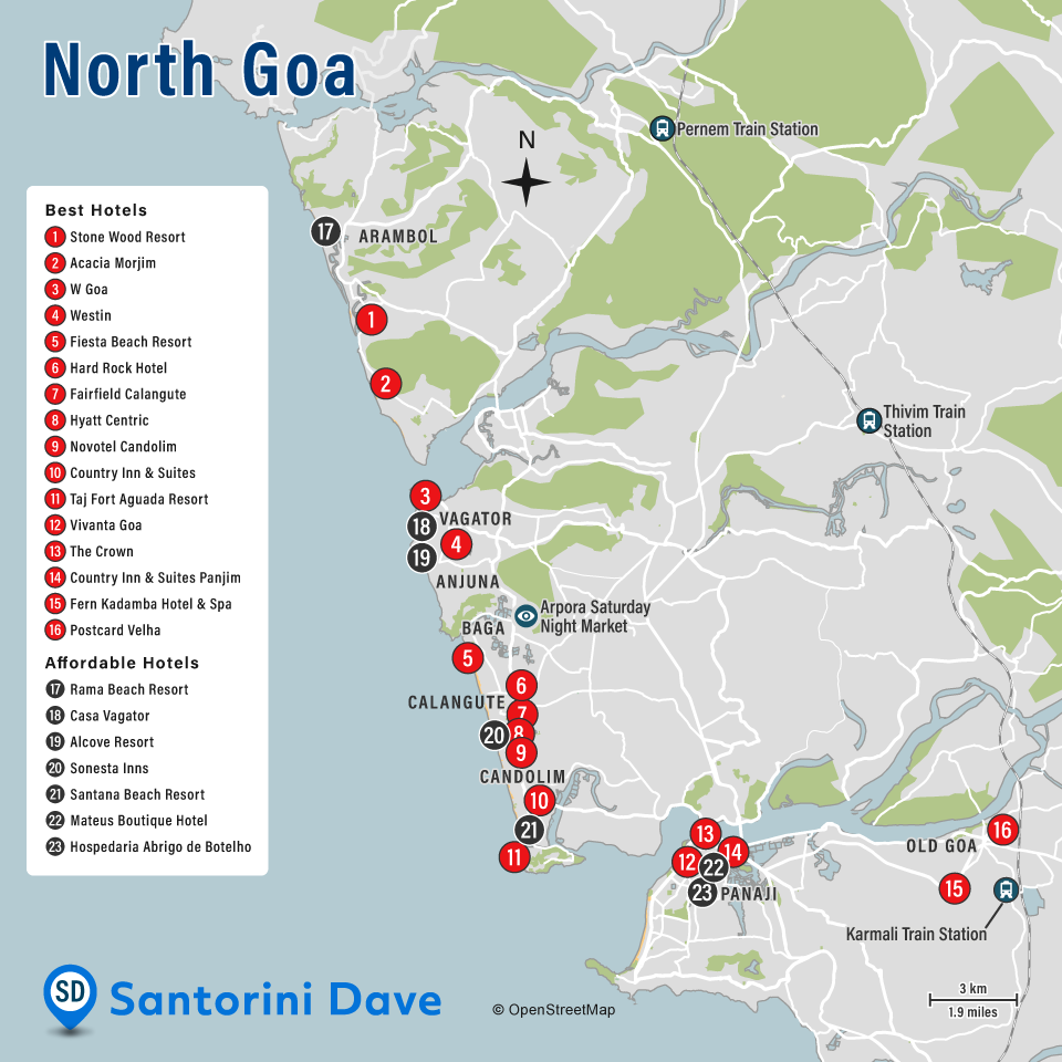 Map of hotels in Goa, India.