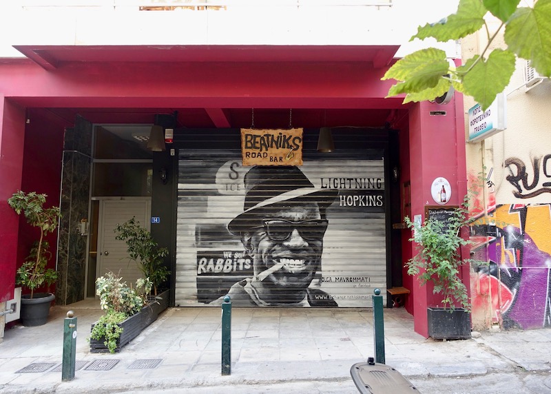 Lightning Hopkins mural on the rolling door at Beatniks Road Bar in Exarcheia, Athens