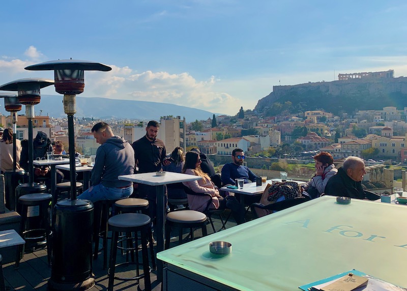 View of the Acropolis from the rooftop bar at A for Athens Hotel in Psirri at the edge of Monastiraki