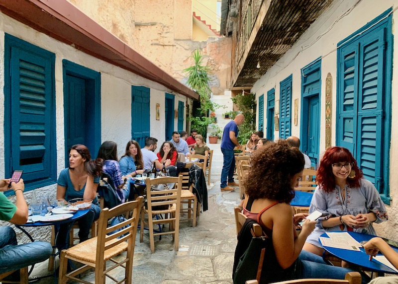 Hidden alley tables at Avli Restaurant in Psiri, Athens