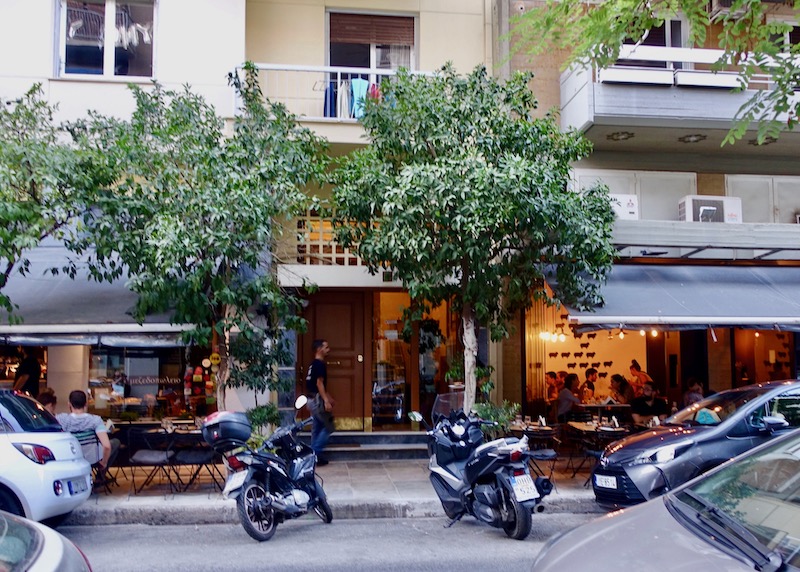 Street view of Mavro Provato restaurant in Pangrati, Athens