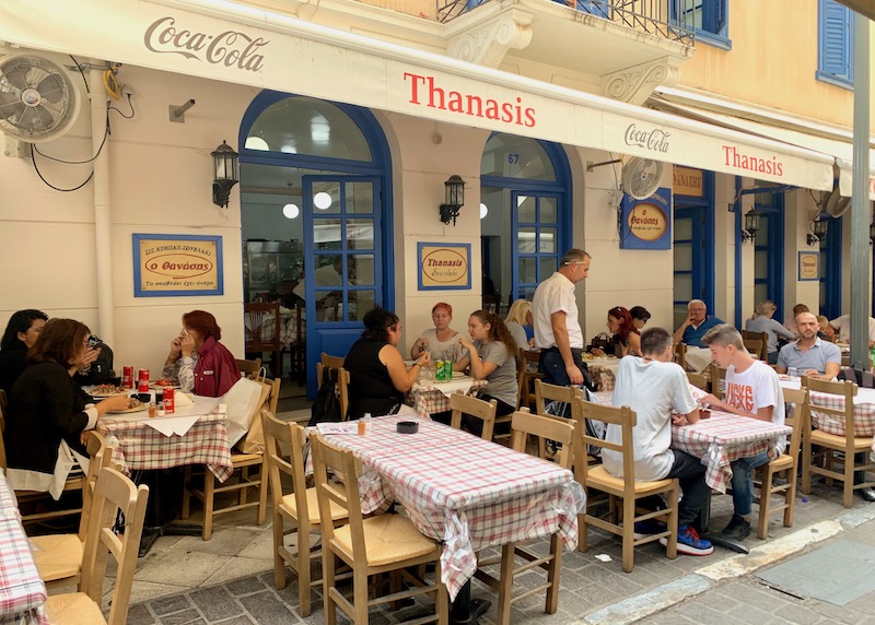 Sidewalk dining at O Thanasis in Monastiraki, Athens