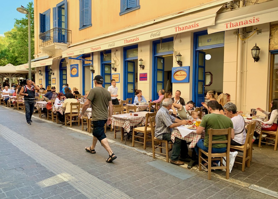  Sidewalk dining along Mitropoleos Alley at O Thanasis in Monastiraki, Athens