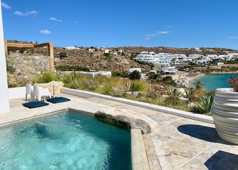 View of Psarrou Beach from a private pool at N Hotel in Mykonos
