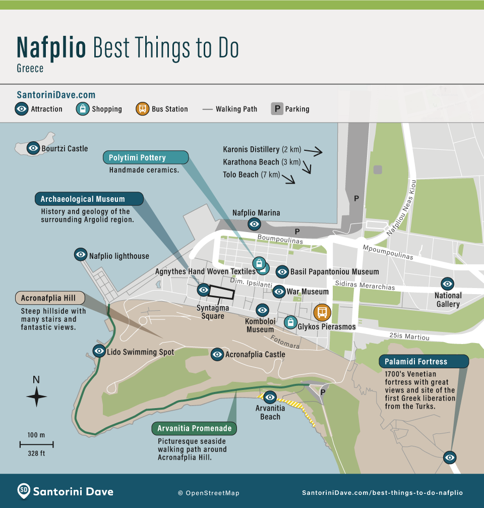 Map showing the locations of the best attractions in Old Town Nafplio