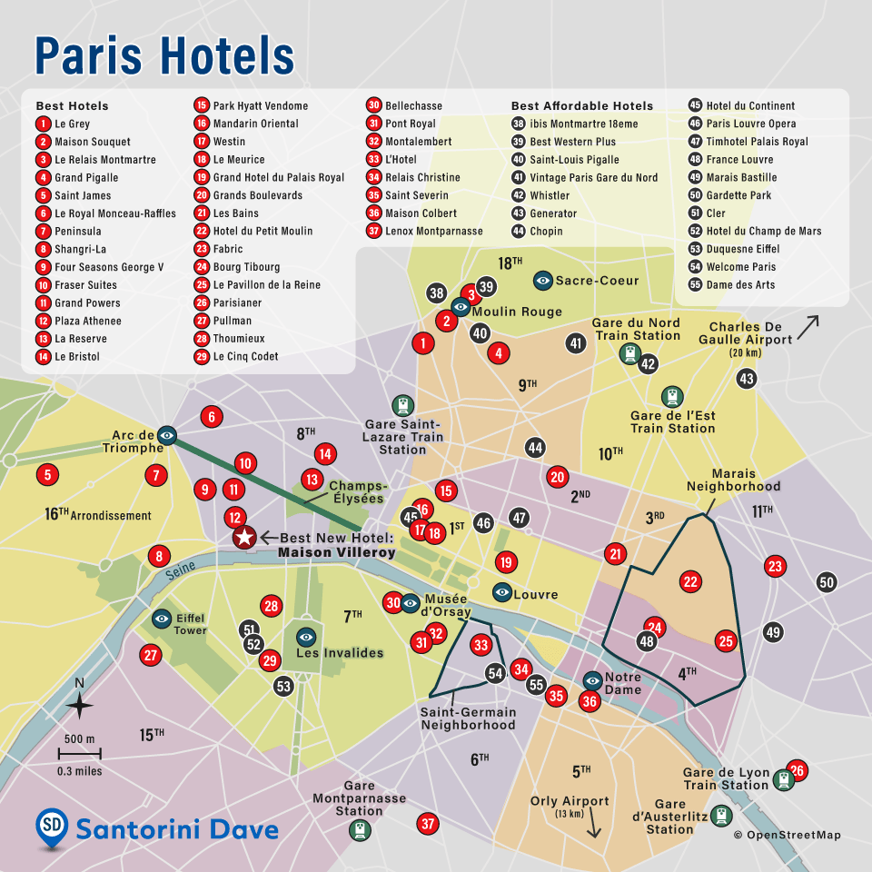 Map of luxury, affordable, and best new hotels in Paris.