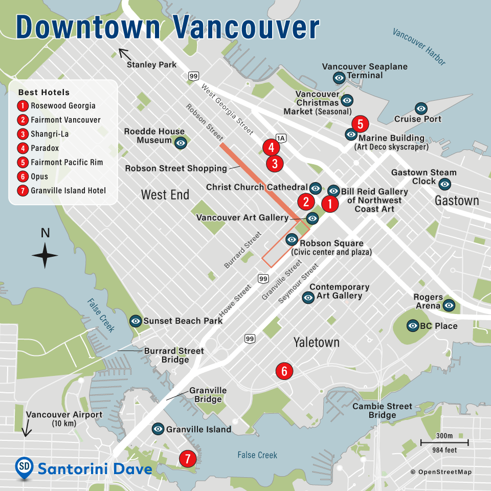 Map of best hotels in downtown Vancouver, BC, Canada.
