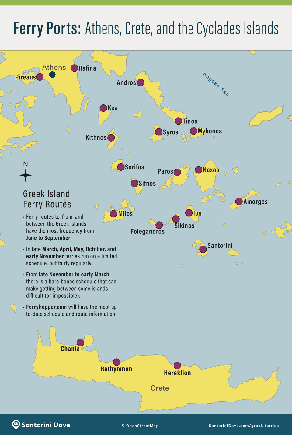 Map showing the ferry routes and ports of the Greek islands.