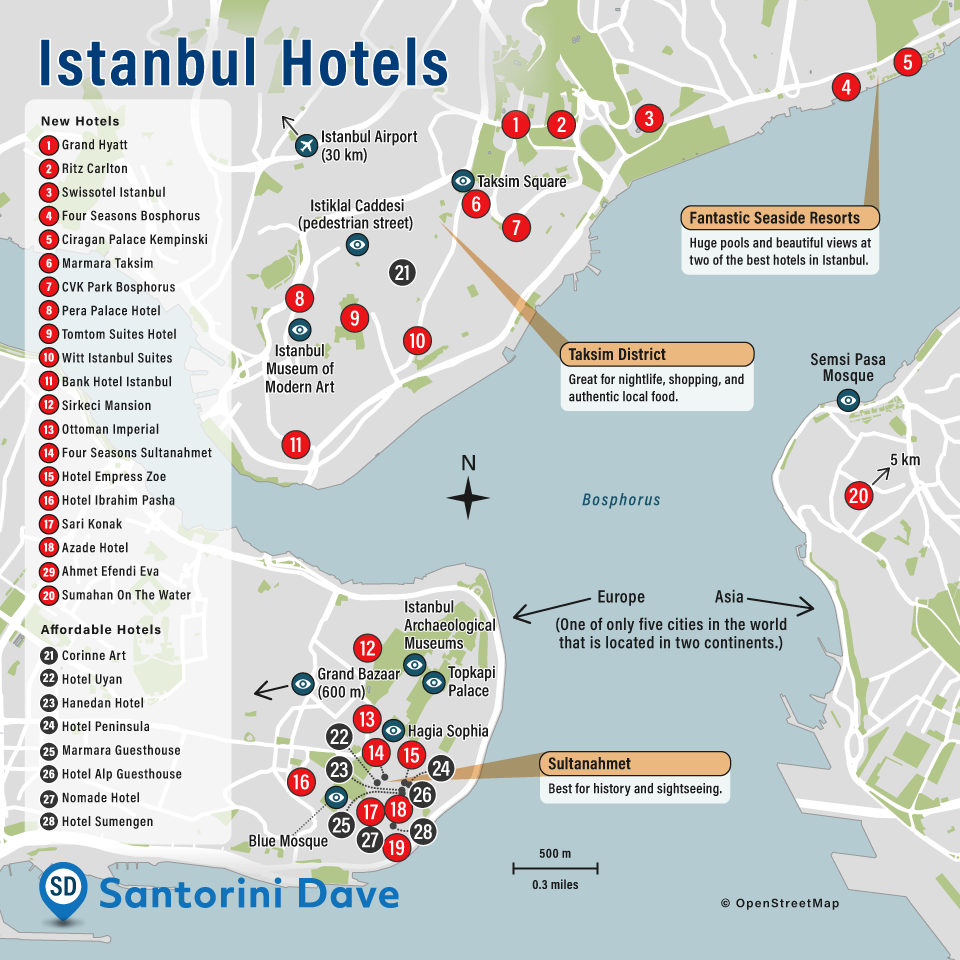 Map of Istanbul Neighborhoods and Best Hotels.