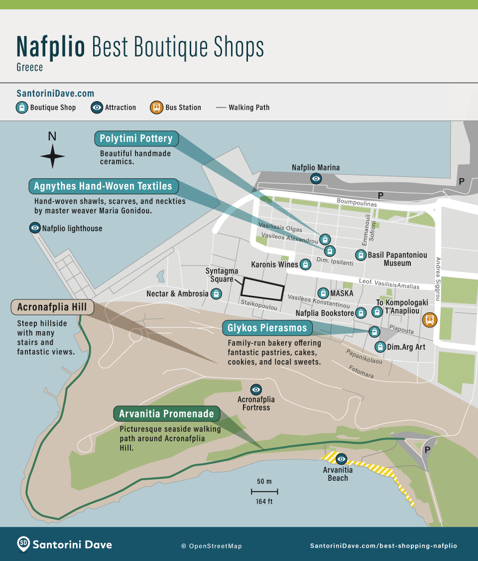 Map showing the locations of the best boutique shops in Nafplio, Greece