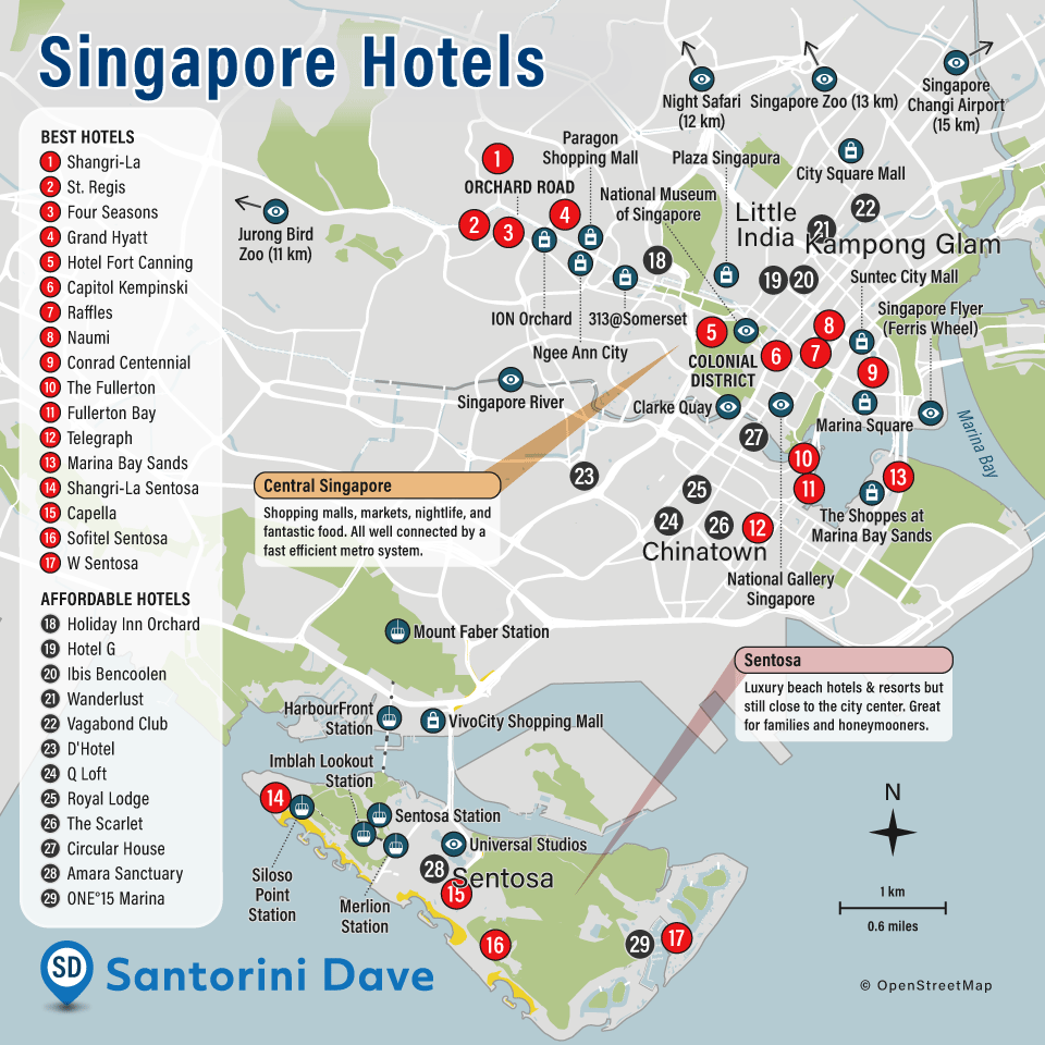Map of best hotels and neighborhoods in Singapore.