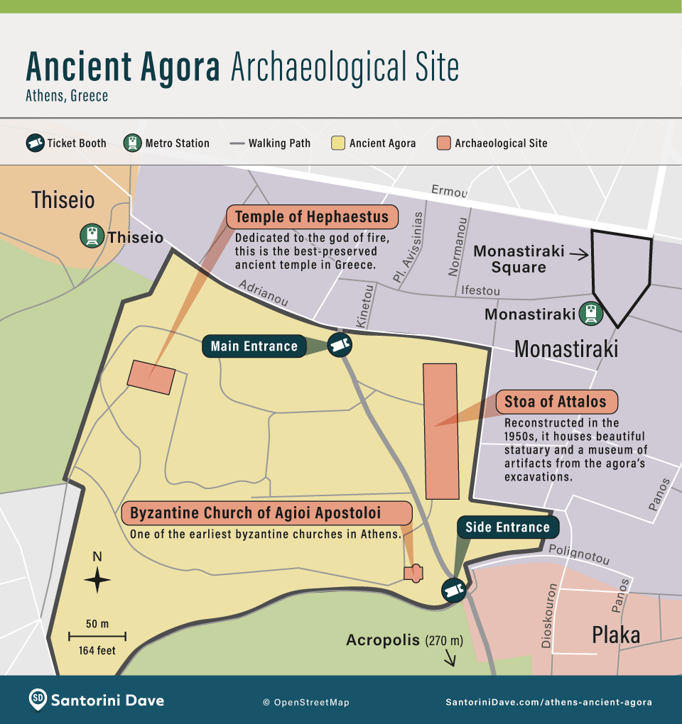 Map showing locations of prominent structures within the Ancient Agora of Athens.