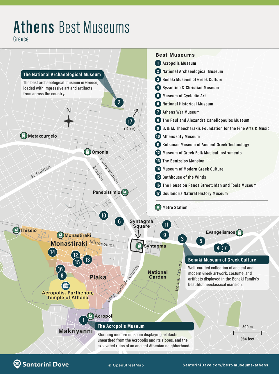 Map showing the locations of the 17 best museums in Athens, Greece.