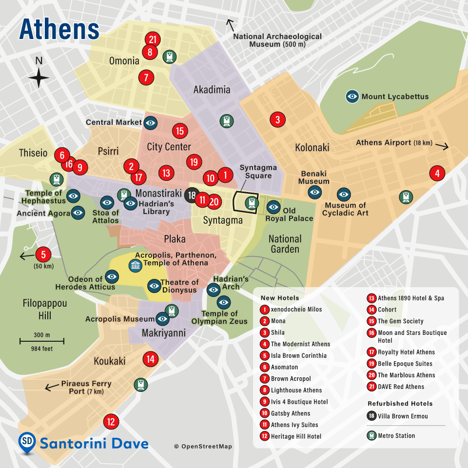 Map showing the locations of the best new and newly-refurbished hotels in Athens, Greece.
