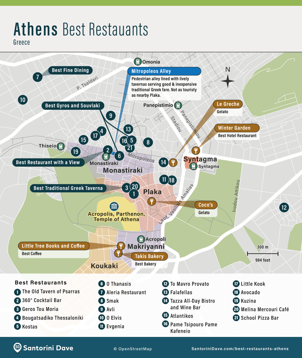 Map showing the locations of the 21 best restaurants in Athens, Greece.