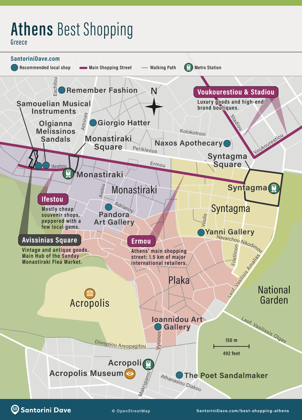 Map showing the locations of the best shopping areas and local shops in Athens, Greece.