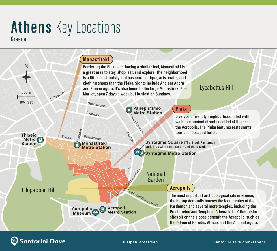 Map showing the most important areas to know in central Athens.