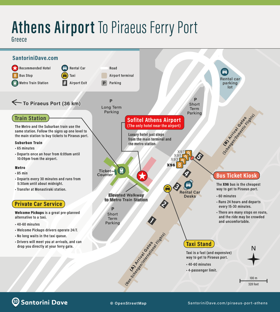 Map of how to get from Athens airport to Piraeus ferry port.