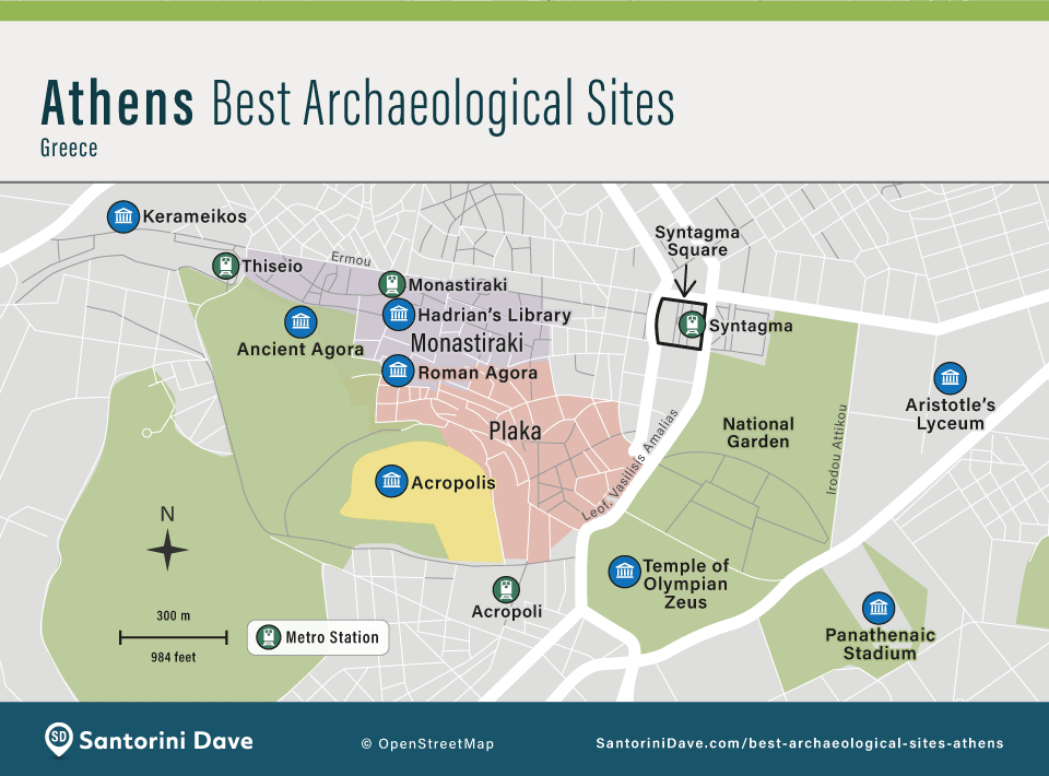 Map showing the location of the best archaeological sites in central Athens, Greece.