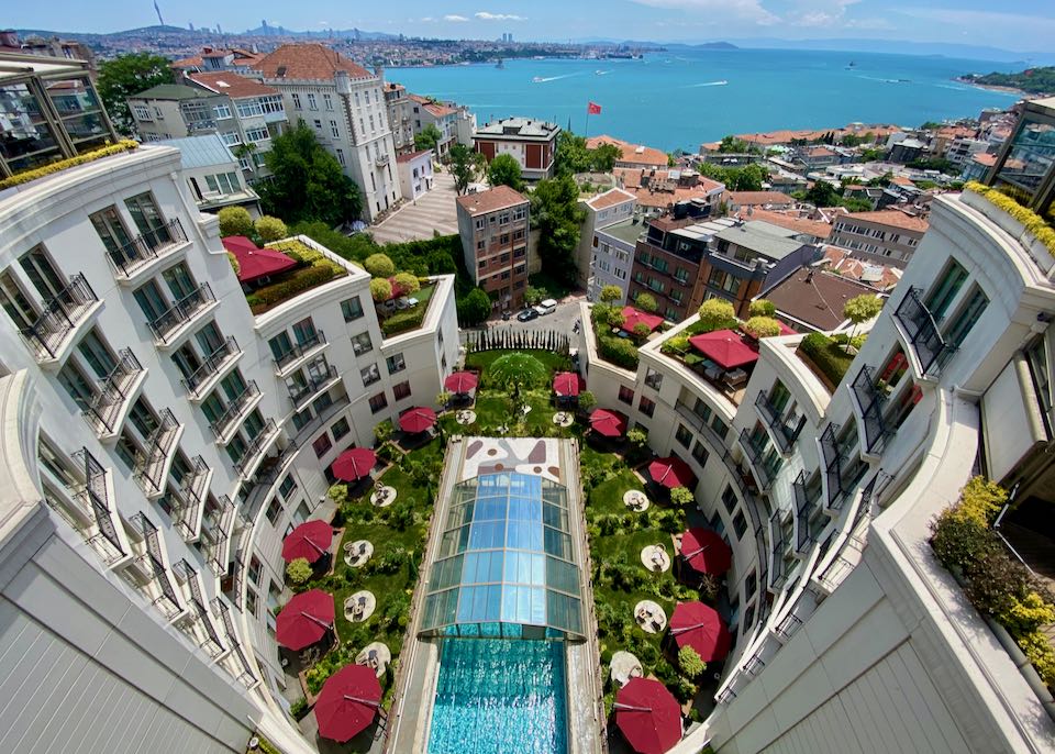 Luxury hotel with view of Bosphorus in Istanbul.
