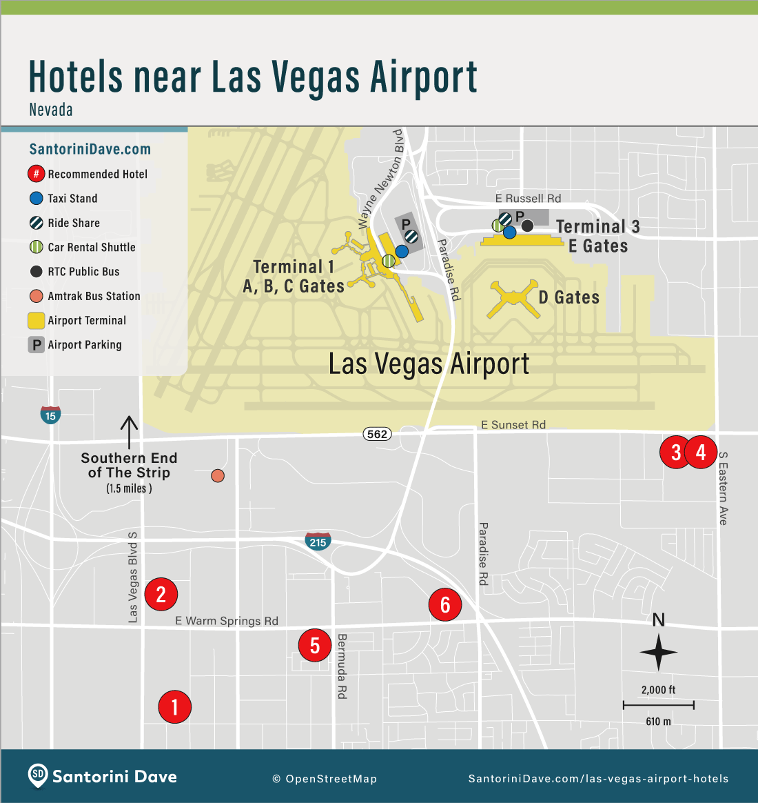 Map showing the locations of the best hotels near the Las Vegas airport.