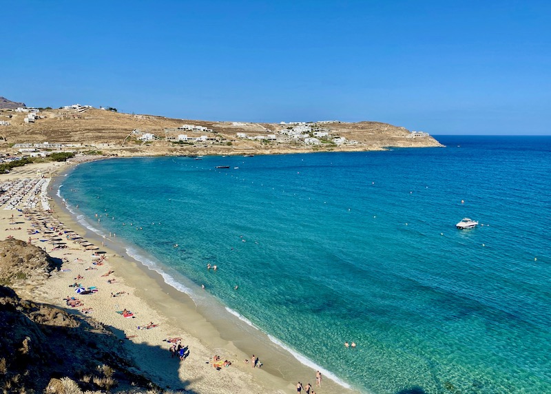 View from above Kalo Livadi Beach in Mykonos