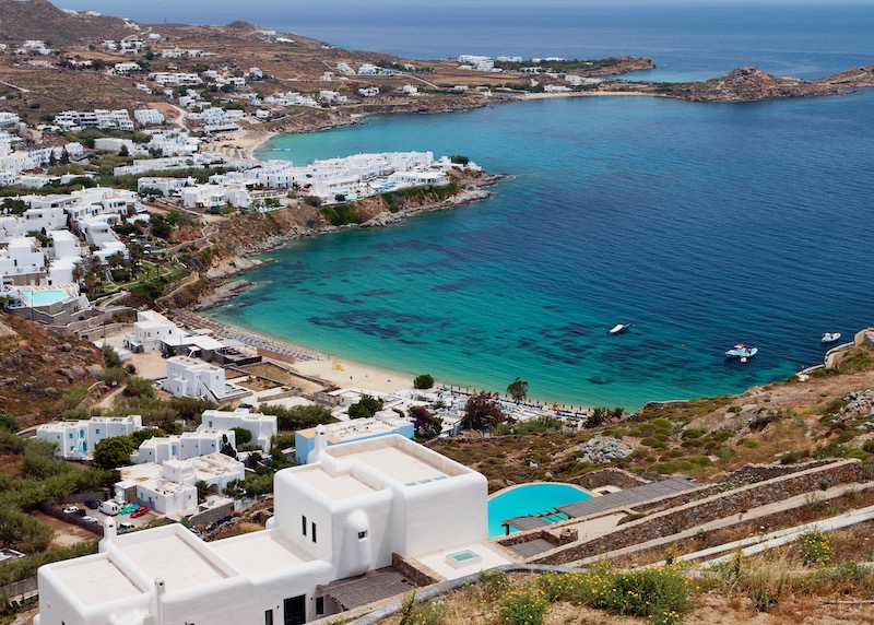 View from above Psarou Beach with Platis Gialos and Agia Anna Beaches in Mykonos