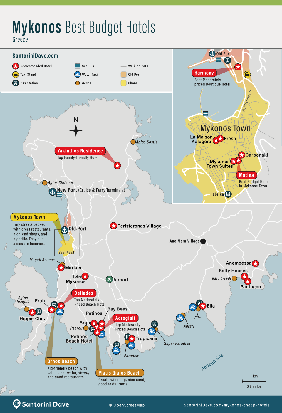 Map of the best cheap hotels on Mykonos Island.