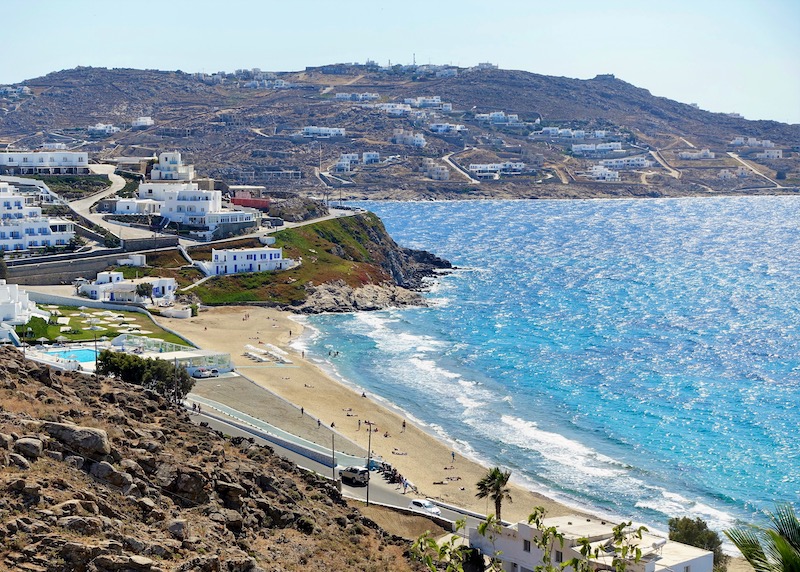 View from the cliffs above Megali Ammos Beach in Mykonos
