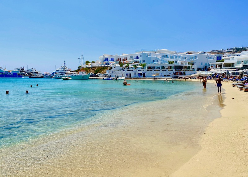 Beach clubs, restaurants, and hotels along Platis Gialos Beach in Mykonos