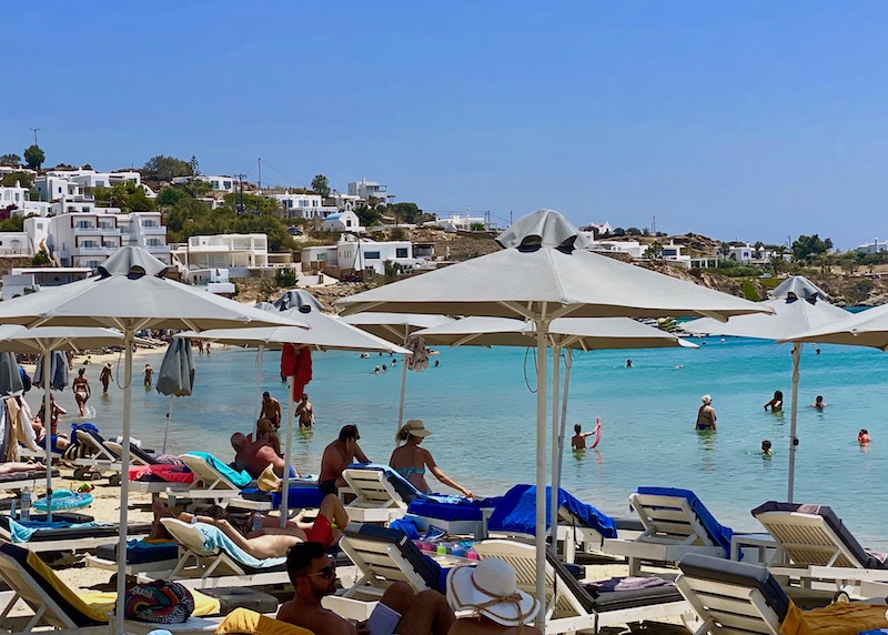 Free sunbeds for guests of Acrogiali Hotel on Platis Gialos Beach in Mykonos