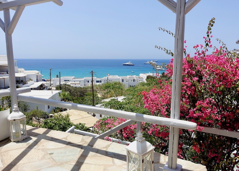 View from the terrace at Bay Bees over Platis Gialos Beach in Mykonos
