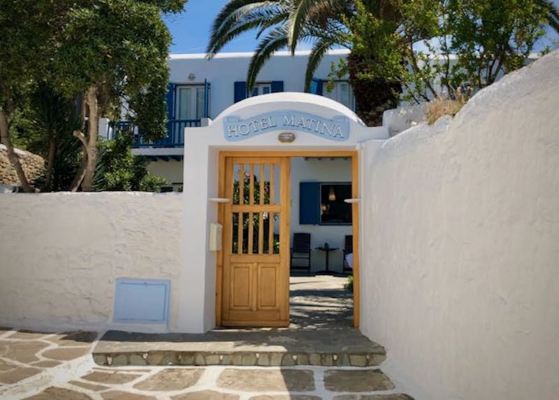 The entrance of Hotel Matina in Mykonos Town