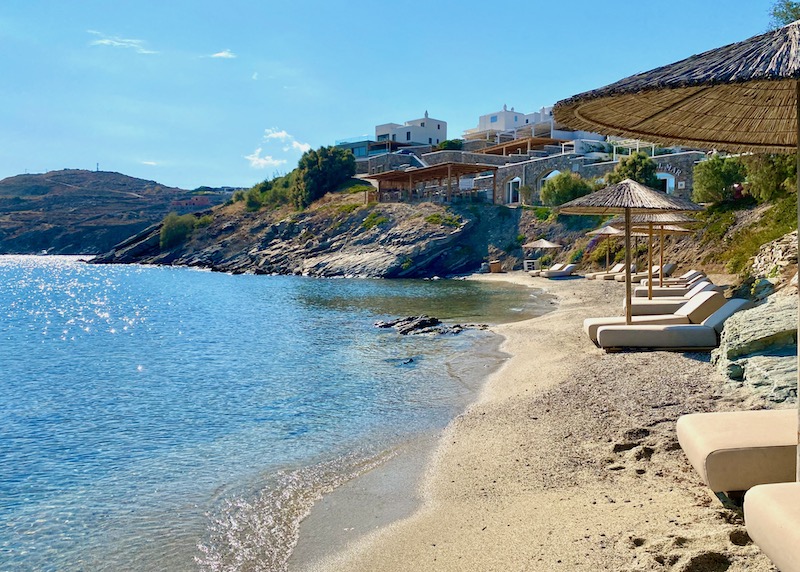View of Casa del Mar hotel as seen from its private beach in Aleomandra, Mykonos