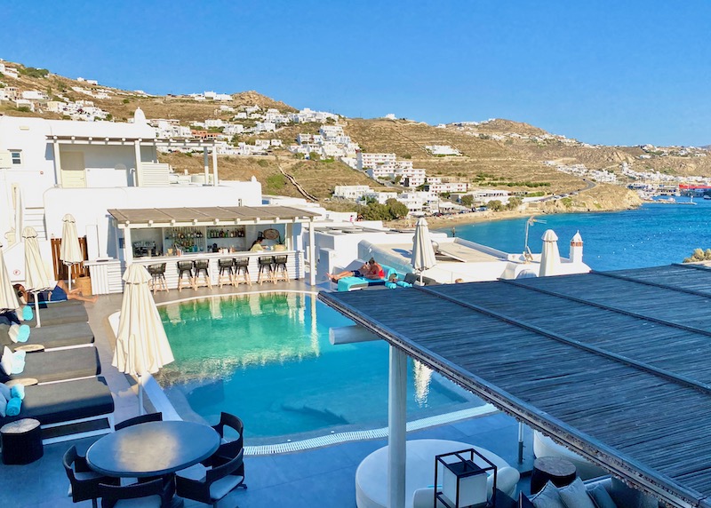 The pool at Mykonos Princess hotel near Agios Stefanos Beach and the ferry port of Mykonos