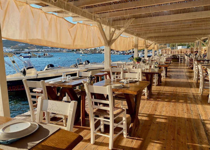 Seafront dining at Apaggio in Ornos Beach, Mykonos
