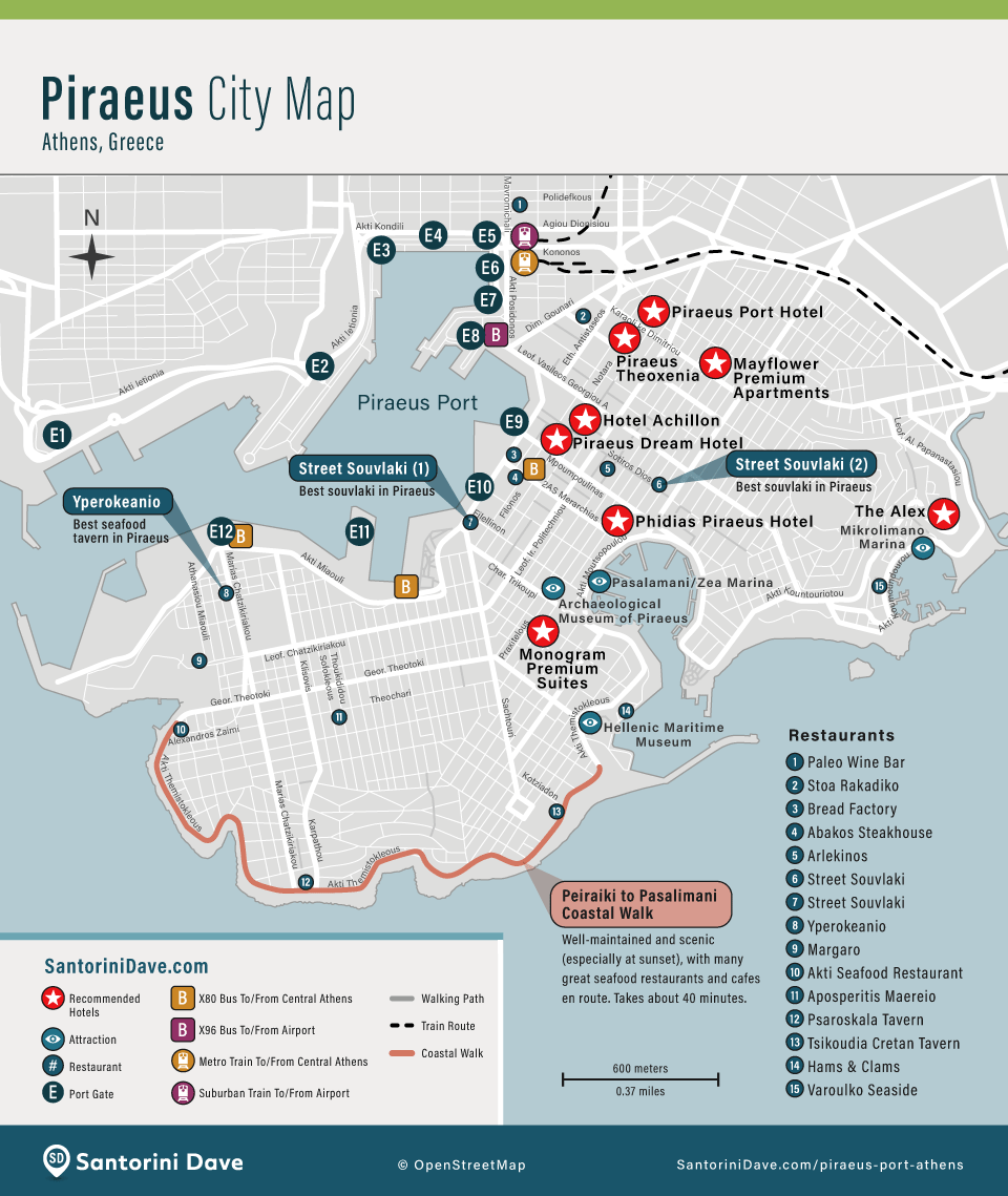 Map of hotels, port gates, bus and train stops, attractions, and restaurants at Piraeus Port in Greece.