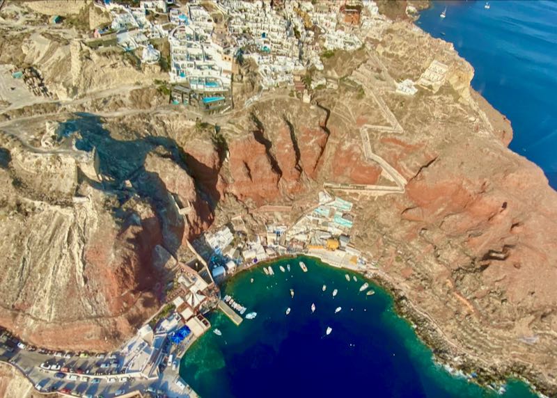 Caldera view of Santorini from helicopter.