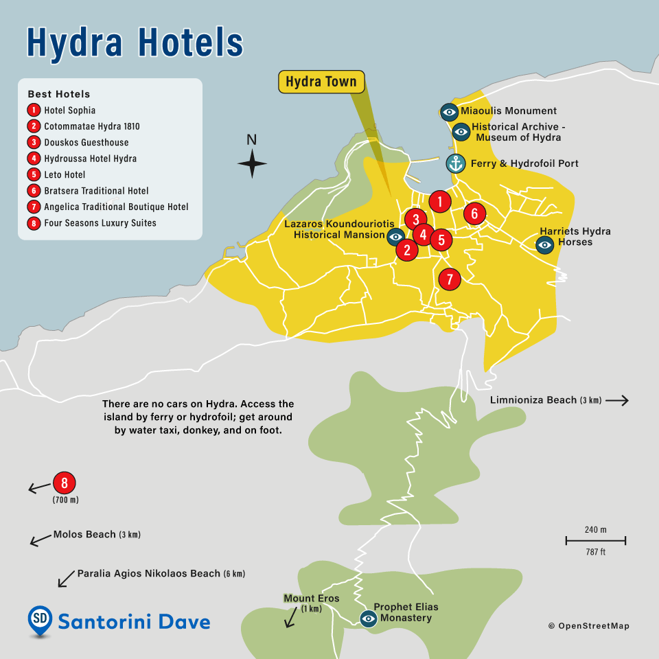 Map of Hydra Hotels and Neighborhoods.