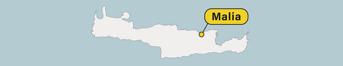 Malia location on a map of Crete in Greece.