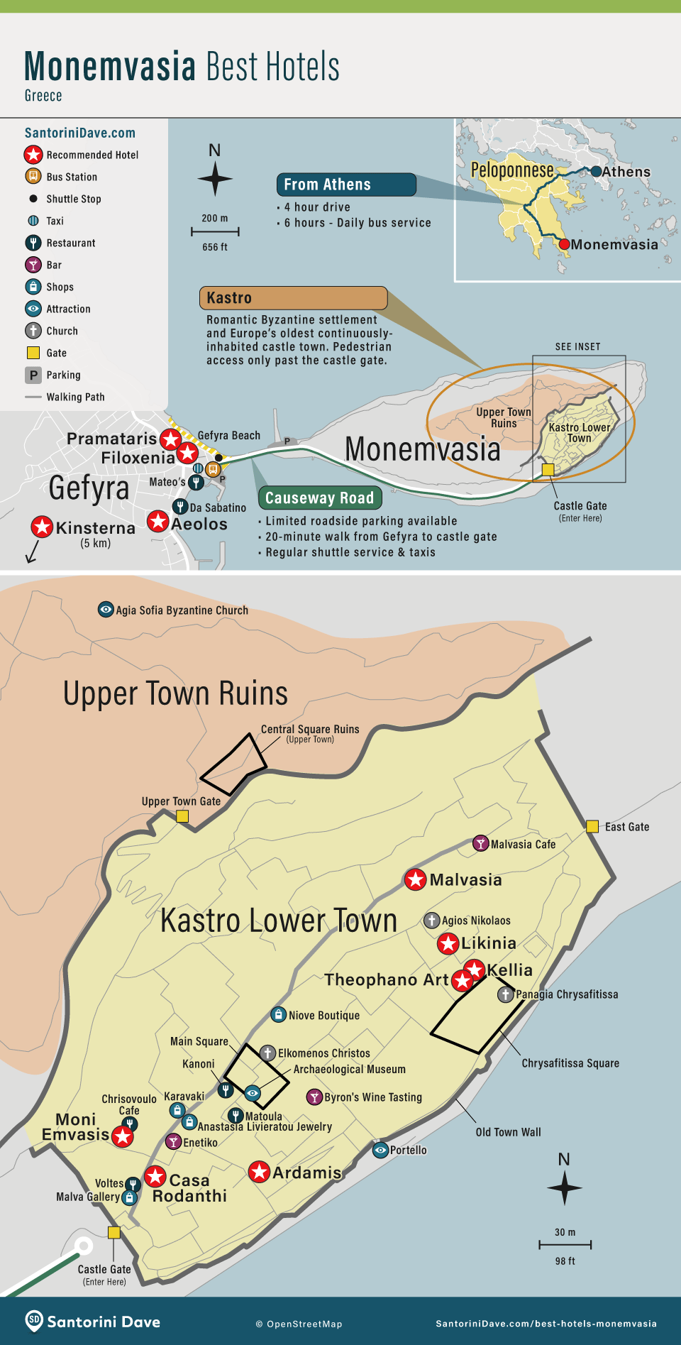 Map showing the locations of the best hotels in Monemvasia, Greece