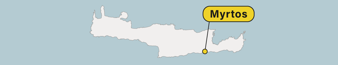 Myrtos location on a map of Crete in Greece.