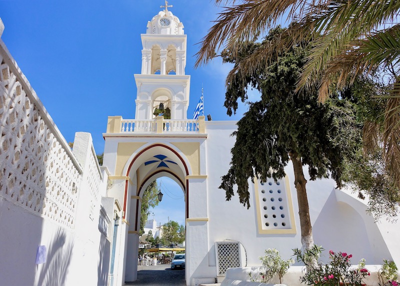 The bell tower of the Church of Panagia to Eisodion in Megalochori, Santorini