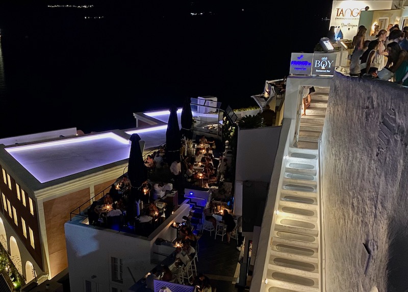Nighttime on the terrace of Franco's Bar in Fira, Santorini